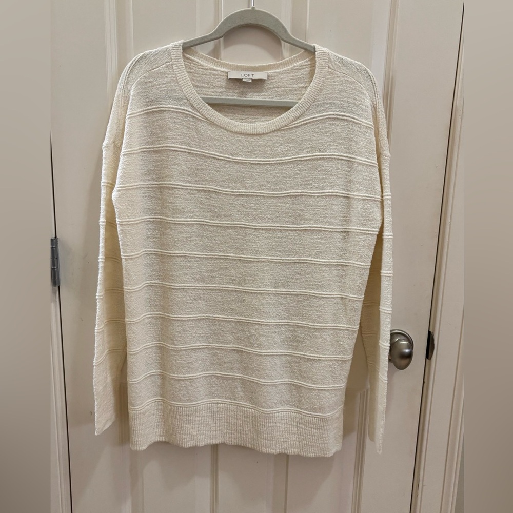 LOFT Cream Crew Neck Sweater with Textural Stripes